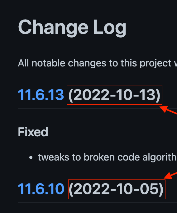 Fig 2. Dates in an original Conventional Commits changelog