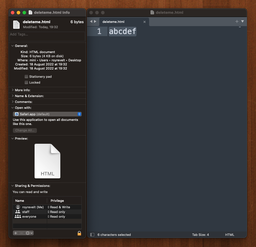 Fig 1. On macOS, six-character-long HTML file weighs 6 bytes